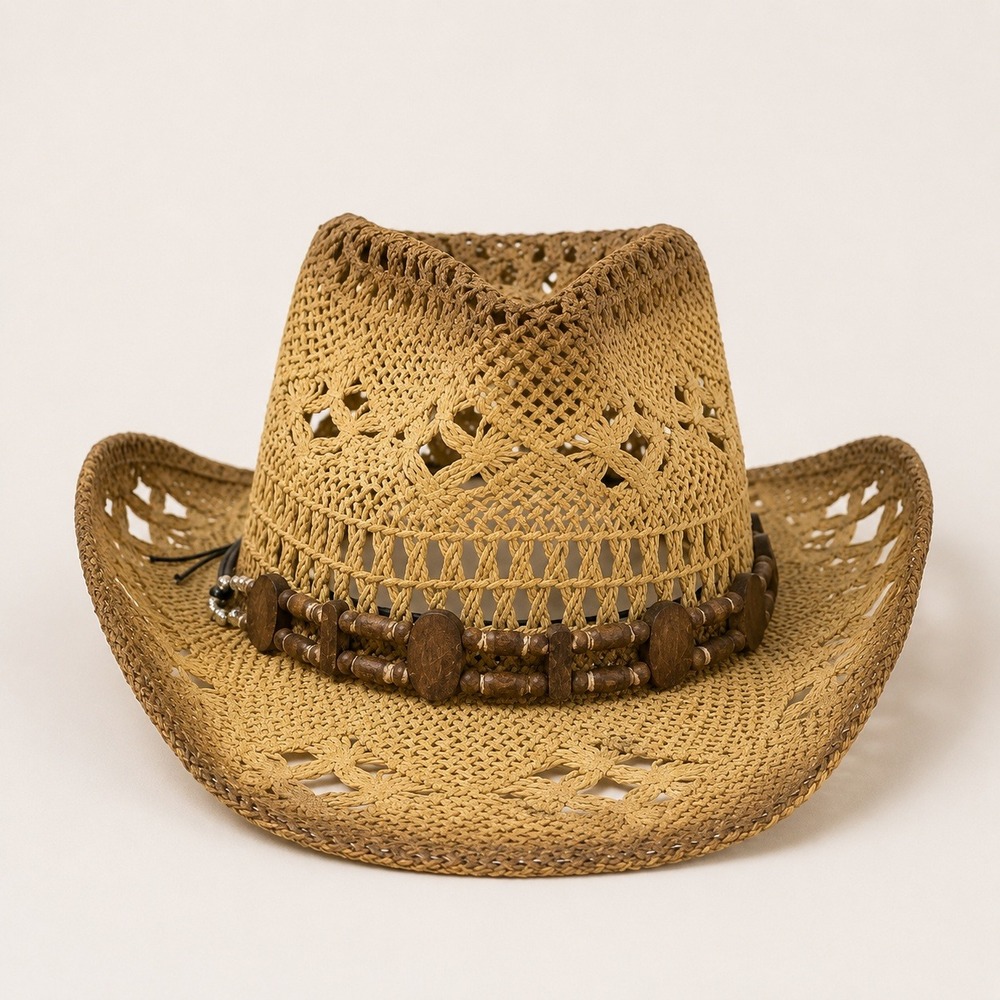 Peter Grimm Margo Cowboy Hat One Size Tea Stain Straw Boho Western Beaded Band
